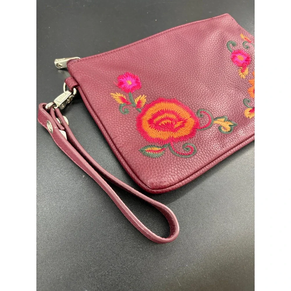 Jewell by Thirty-One Burgundy Faux Leather Floral Embroidered Wristlet Clutch